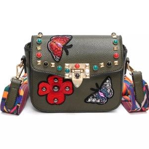 Mini Khaki Green Butterfly Embellished Bag